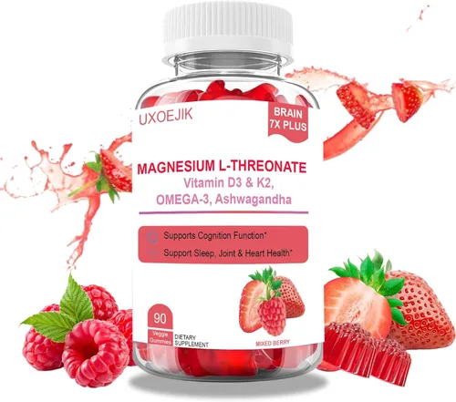 Gomitas de magnesio L-treonato – con vitamina D, K2 y aceite de pescado Omega-3 – Salud cerebral, memoria y apoyo para el sueño, sin OMG, sabor a
