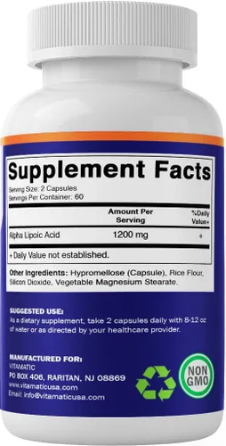 Miniatura 9 de Vitamatic Ácido alfa lipoico 1200 mg por porción, 120 cápsulas – Sin gluten, cápsulas vegetarianas, sin soja y sin OMG