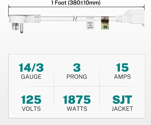 Miniatura 2 de FIRMERST 1875W Cable de extensión de enchufe plano de perfil bajo 1 pie 14AWG 15A Blanco