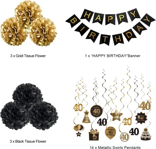 Miniatura 2 de BRT Bearingshui Juego de decoración de serpentinas colgantes de feliz cumpleaños número 40, pancarta de feliz cumpleaños con pompones de tela, negro