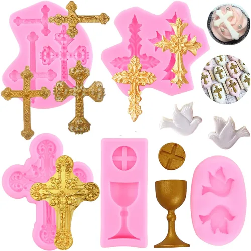 Mujiang Moldes de silicona cruzados para decoración de pasteles de bautismo, molde de cruz, molde de comunión, paloma para fondant, para bautismo,