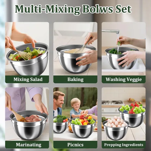 Miniatura 6 de Nicdiet Juego de tazones para mezclar con tapas, 16 cuencos de acero inoxidable, cuencos de almacenamiento anidables para cocina con tazón