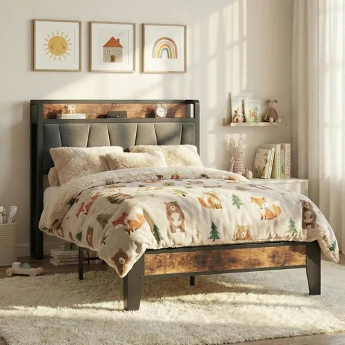 Miniatura 49 de LIKIMIO Base de cama Queen, cabecera de almacenamiento con estación de carga, sólida y estable, sin ruido, no necesita somier, fácil montaje Vintage