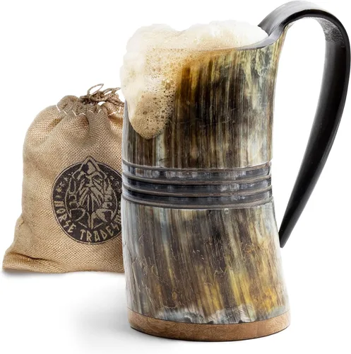 Miniatura 10 de Norse Tradesman LG Viking Cuerno para Beber - Jarra de Cuerno de Cerveza 100% Auténtica con Fondo de Madera Dura y Grabados de Anillos The