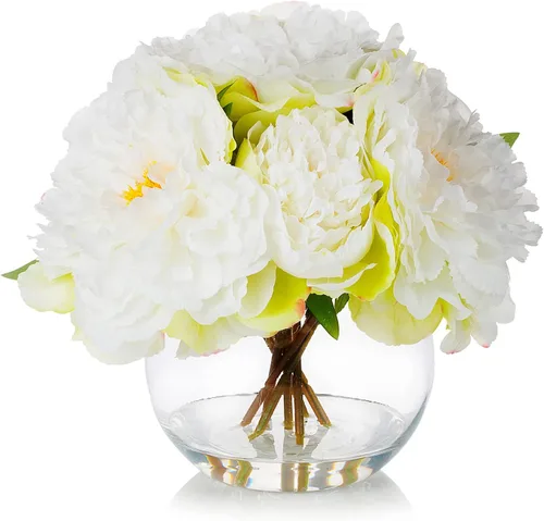 ENOVA FLORAL Flor de peonía artificial con jarrón, arreglo de flores falsas, peonía sintética en jarrón de vidrio para decoración de cocina, oficina