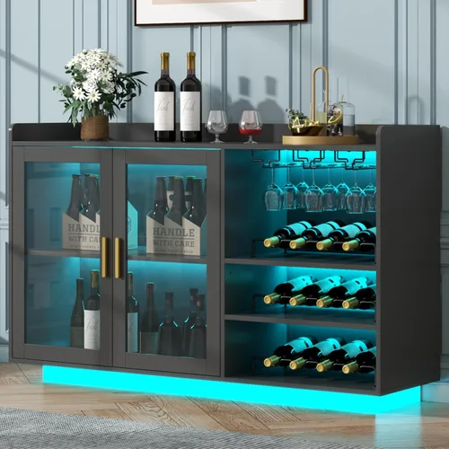 Gabinete de barra de vino Loomie con luces LED, barra de café flotante con estante de vidrio y estantes de vino removibles, aparador buffet moderno