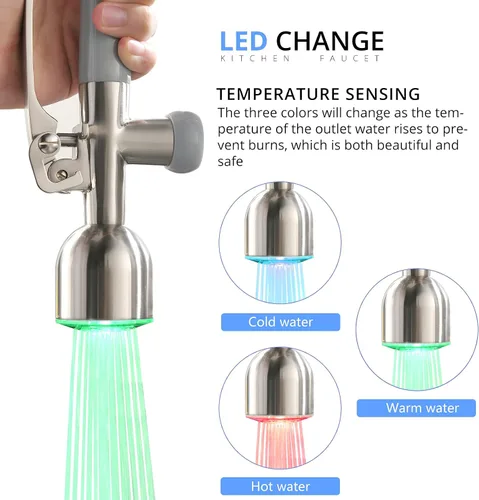 Miniatura 8 de Fapully - Grifo de fregadero de cocina comercial con mango único extraíble con rociador, níquel cepillado, con luz LED