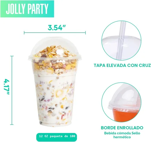 Miniatura 2 de Paquete de 100 vasos de plástico transparente de 12 onzas con tapas de cúpula, tazas desechables de parfait de postre para helado, bebidas de café