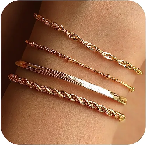 Gold Bracelets for Women, 14K Gold Layered Bracelets Set Dainty Herringbone Chain Paperclip Link Bracelets Gold Cuban Bracelets for Women