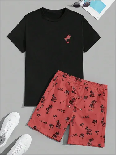 Miniatura 79 de GORGLITTER Conjunto de 2 piezas de camiseta gráfica de manga corta para hombre, estampado hawaiano con cordón y pantalones cortos