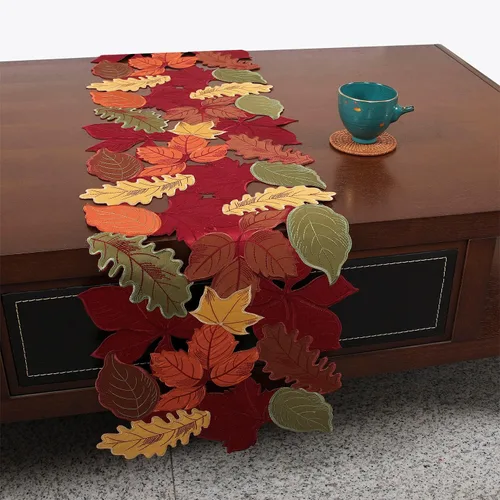 Miniatura 5 de Juego de 4 manteles individuales de otoño con hojas bordadas de Acción de Gracias, decoración de mesa de arce, festivo, cosecha, apliques vívidos