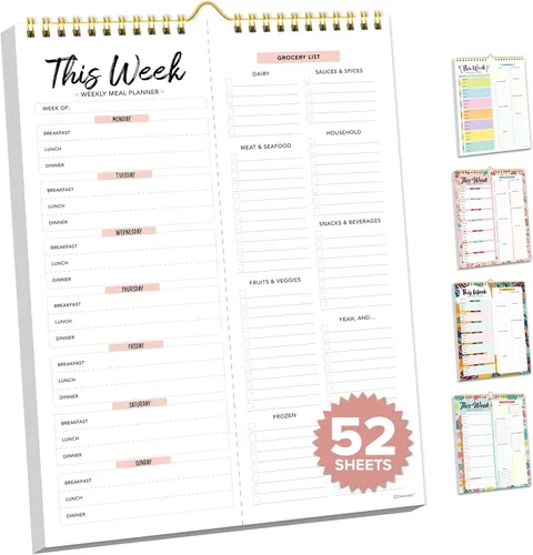 Decorably Bloc de notas magnético de 52 hojas de lista de comestibles semanal sin fecha de color rosa mínimo con 4 imanes fuertes, 8.5 x 11