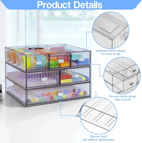 Miniatura 4 de Organizador de Escritorio Apilable de 3 Niveles con 6 Cajones, YOCOMEY Caja de Almacenamiento de Escritorio de Plástico con Cajones, Organizador