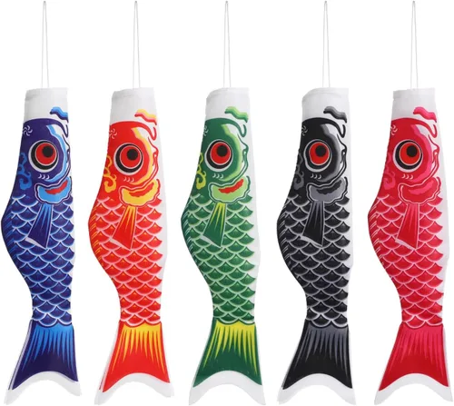 Miniatura 8 de Juego de 5 calcetines de viento de carpa japonesa, juego de calcetines de viento Koinobori de 15.7 pulgadas, serpentina de bandera de pez Koinobori
