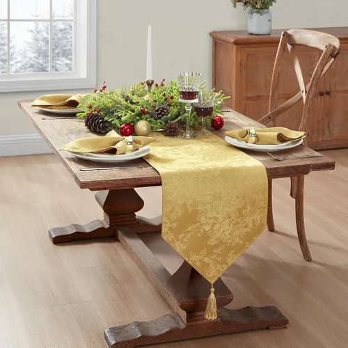 Miniatura 2 de Elrene Home Fashions Poinsettia Elegance - Camino de mesa de vacaciones jacquard, 13 x 70 pulgadas, dorado