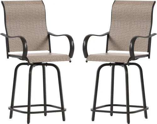 Miniatura 10 de UDPATIO Juego de 4 taburetes de bar giratorios para exteriores, taburetes altos para exteriores con tela textil impermeable, reposabrazos, Marrón