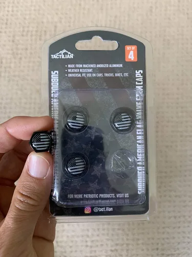 Miniatura 7 de TACTILIAN Tapones de válvula de neumático con bandera estadounidense, paquete de 4 unidades, aluminio templado negro con junta tórica de goma, tapas