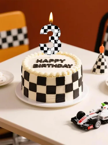Miniatura 5 de Velas de cumpleaños de autos de carreras número 3, velas de cumpleaños a cuadros negros y blancos de 2.68 pulgadas, velas de números con temática