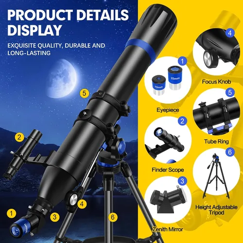 Miniatura 5 de Telescopio, apertura de 90 mm 800 mm - Telescopio para adultos y niños, telescopios refractores profesionales para adultos de alta potencia
