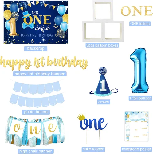 Miniatura 2 de Decoraciones de Primer Cumpleaños para Niño, Decoraciones de Primer Cumpleaños para Niño, Suministros de Fiesta de Primer Cumpleaños para Bebé