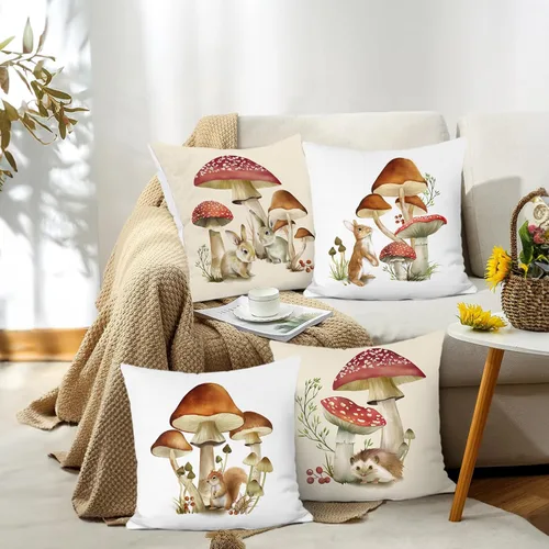 Miniatura 3 de Bonhause Juego de 4 fundas de almohada decorativas de 18 x 18 pulgadas con diseño de hongos y ardilla de conejo, para sofá, hogar, decoración