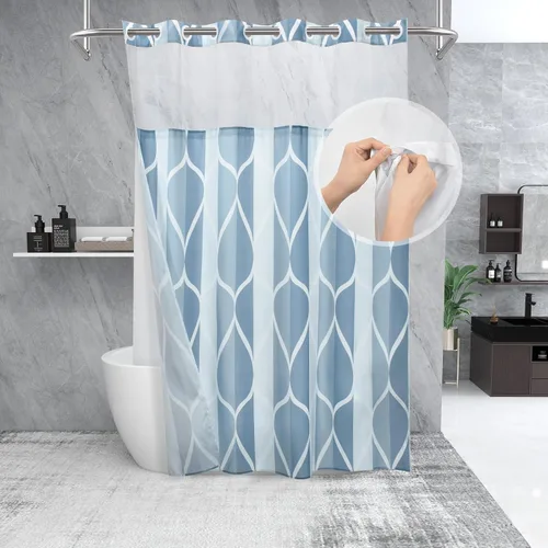 Miniatura 15 de Yiatn Juego de cortina de ducha azul egeo sin gancho con forro de tela a presión, estilo hotel con ventana superior de malla transparente, diseño