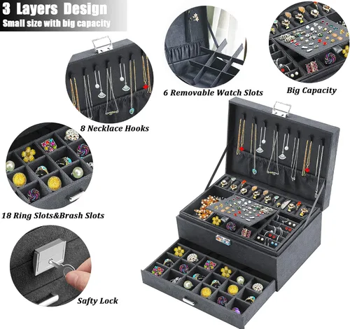 Miniatura 2 de Joyeros para mujer, organizador de joyas de terciopelo gris con cerradura, organizadores de joyas para adolescentes, organizador de joyas