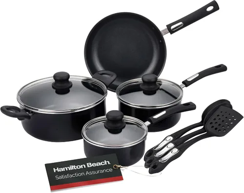 Miniatura 10 de Hamilton Beach Juego de utensilios de cocina cubiertos de aluminio, sartén antiadherente, horno holandés con mango de baquelita suave al tacto, Negro
