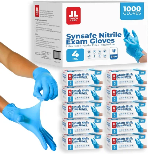 London Labs Synsafe - Guantes de examen de nitrilo azul de 4 mil, desechables, sin látex y sin polvo, extra fuertes, guantes de goma
