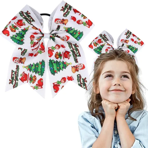 Miniatura 8 de Pajaritas de pelo de animación de Navidad con cinta elástica de grogrén impresa de Navidad de 7 pulgadas, soporte para cola de caballo de muñeco