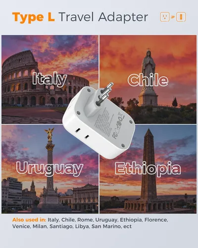 Miniatura 2 de Adaptador de enchufe de viaje para Italia, paquete de 2, adaptador de corriente TESSAN Italia con 4 tomacorrientes, 3 cargadores USB