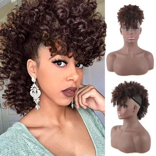 Miniatura 19 de Aisaide Cola de caballo afro Mohawk alta con flequillo sin cordón, extensión de cola de caballo corta rizada sin cordón, clip sintético en moño
