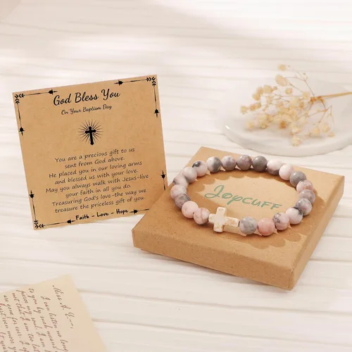 Miniatura 6 de JoycuFF Regalos Cristianos, Pulseras de Cruz para Mujeres, Joyería Cristiana Católica Religiosa de Fe de Pascua, Pulseras de Piedra Natural