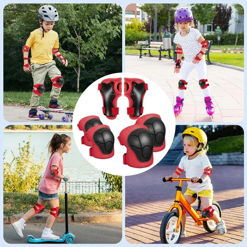 Miniatura 6 de Rodilleras para niños, rodilleras y coderas, conjunto de equipo de protección para niños y niñas con protectores de muñeca 3 en 1 para patinaje, Rojo