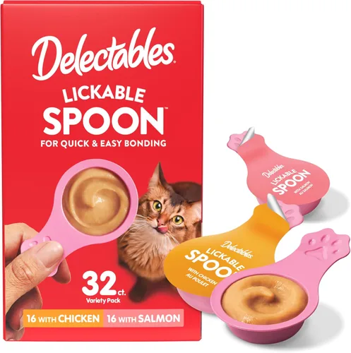 Miniatura 14 de Delectables Golosinas para lamer con cuchara de mano para gatos hechas con pollo y salmón reales, puré cremoso rápido y fácil, sin desorden, sin