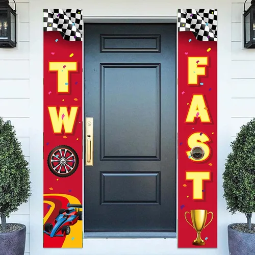 Two Fast 2 RaceCar - Cartel de feliz 2º cumpleaños con texto en inglés "Happy 2nd Birthday", bandera de control de coche de carreras, decoración