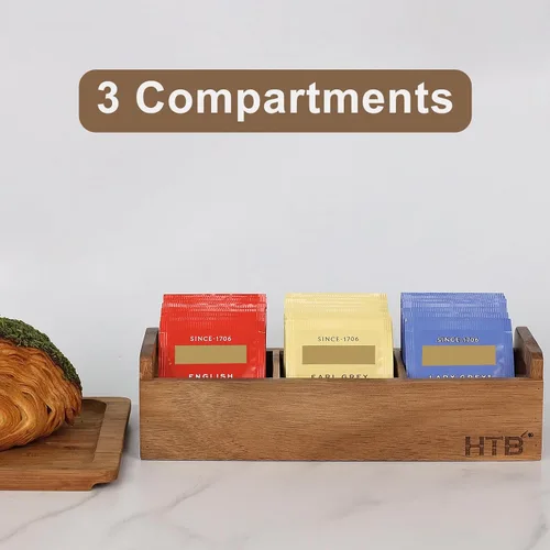 Miniatura 6 de HTB Caja Pequeña de Bolsitas de Té de Madera, 3 Compartimentos, Cofre de Bolsitas de Té de Madera de Acacia con Asa, Mini Contenedor