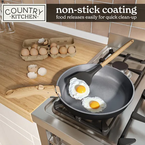 Miniatura 4 de Country Kitchen Juego de utensilios de cocina con mango extraíble, juego de ollas y sartenes aptas para horno y RV, mango de madera negro/gris