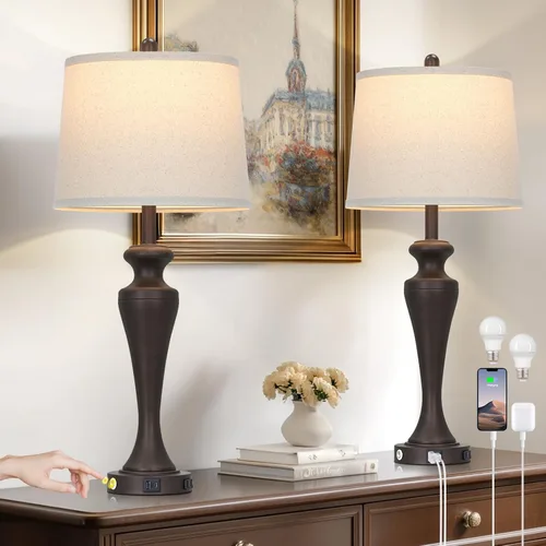 Miniatura 16 de Lámpara de mesa marrón oscuro de 30 pulgadas, lámpara de noche individual con control táctil de 3 vías con puertos USB A+C y salida de CA, lámparas