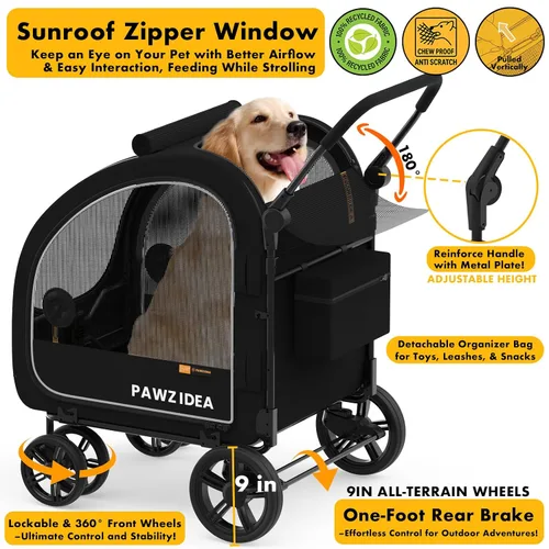 Miniatura 7 de PAWZIDEA Cochecito de perro 3 en 1 para perros grandes con transportador desmontable de hasta 100 libras, 45% extra alto para perros, jaula de auto