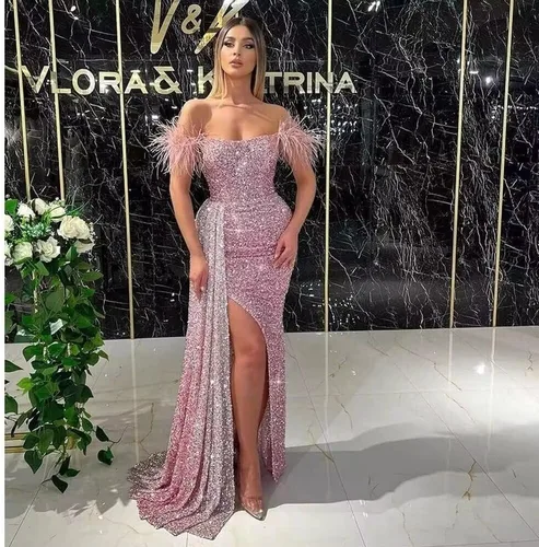 Miniatura 5 de Vestidos de fiesta de lentejuelas con hombros descubiertos, vestido formal de sirena brillante, vestido largo de fiesta de noche con abertura