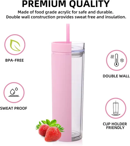 Miniatura 2 de Volhoply Paquete de 4 vasos delgados de plástico de 20 onzas, vaso de doble pared con tapa y pajita, taza de café helado de viaje reutilizable