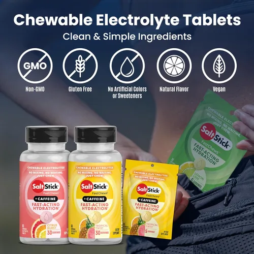 Miniatura 6 de SaltStick Electrolyte FastChews con cafeína – 60 comprimidos masticables Tropical Twist – Tabletas de sal para correr e hidratar, masticables