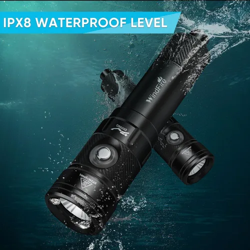 Miniatura 5 de Linterna de buceo WindFire, linterna impermeable para buceo 262 pies bajo el agua, linterna recargable para snorkel con 4 modos y indicador