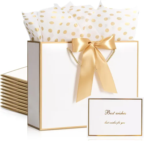 Miniatura 15 de PASEOTA Bolsas de regalo de 12.6" a granel, 10 bolsas de regalo con 20 papeles de seda y 10 tarjetas de felicitación, bolsa de lujo con asas