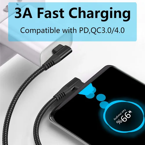 Miniatura 3 de Cable USB C a USB C en ángulo recto de 3.3 ft/3 pies, 90 grados, 60 W, PD tipo C, cable trenzado de nailon de carga rápida y transmisión de datos