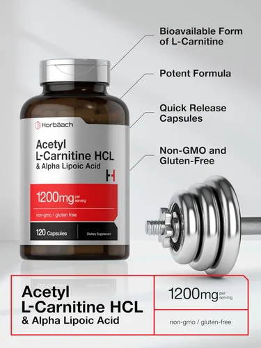 Miniatura 3 de Horbäach Acetil L carnitina HCL y ácido alfa lipoico 1200 mg 120 cápsulas Complejo ALC ALA Suplemento sin OMG y sin gluten