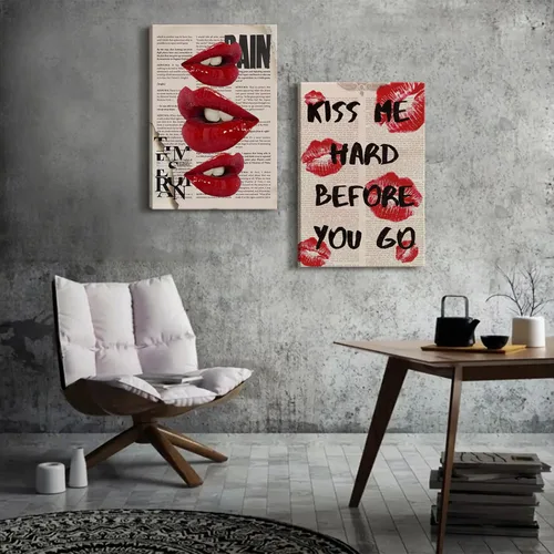 Miniatura 3 de 2 piezas de lienzo enmarcado, arte de pared, decoración de pared de moda preparada, pósteres de labios rojos funky, impresiones de cuadros