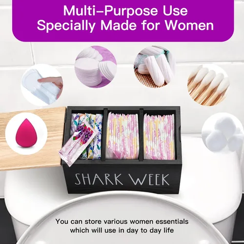 Miniatura 4 de Soporte para tampones para baño, organizador de almohadilla y tampón con tapa de bandeja, producto femenino de madera, organizador de almacenamiento