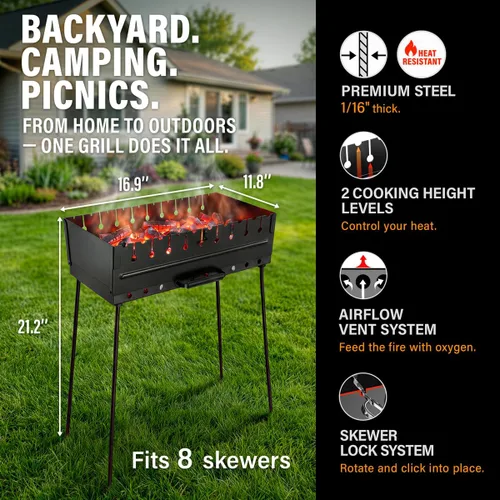 Miniatura 2 de MHH Parrilla de carbón para 8 pinchos - Barbacoa portátil de 43 cm × 30 cm × 43 cm Parrilla de camping para pinchos - Mangal de metal plegable